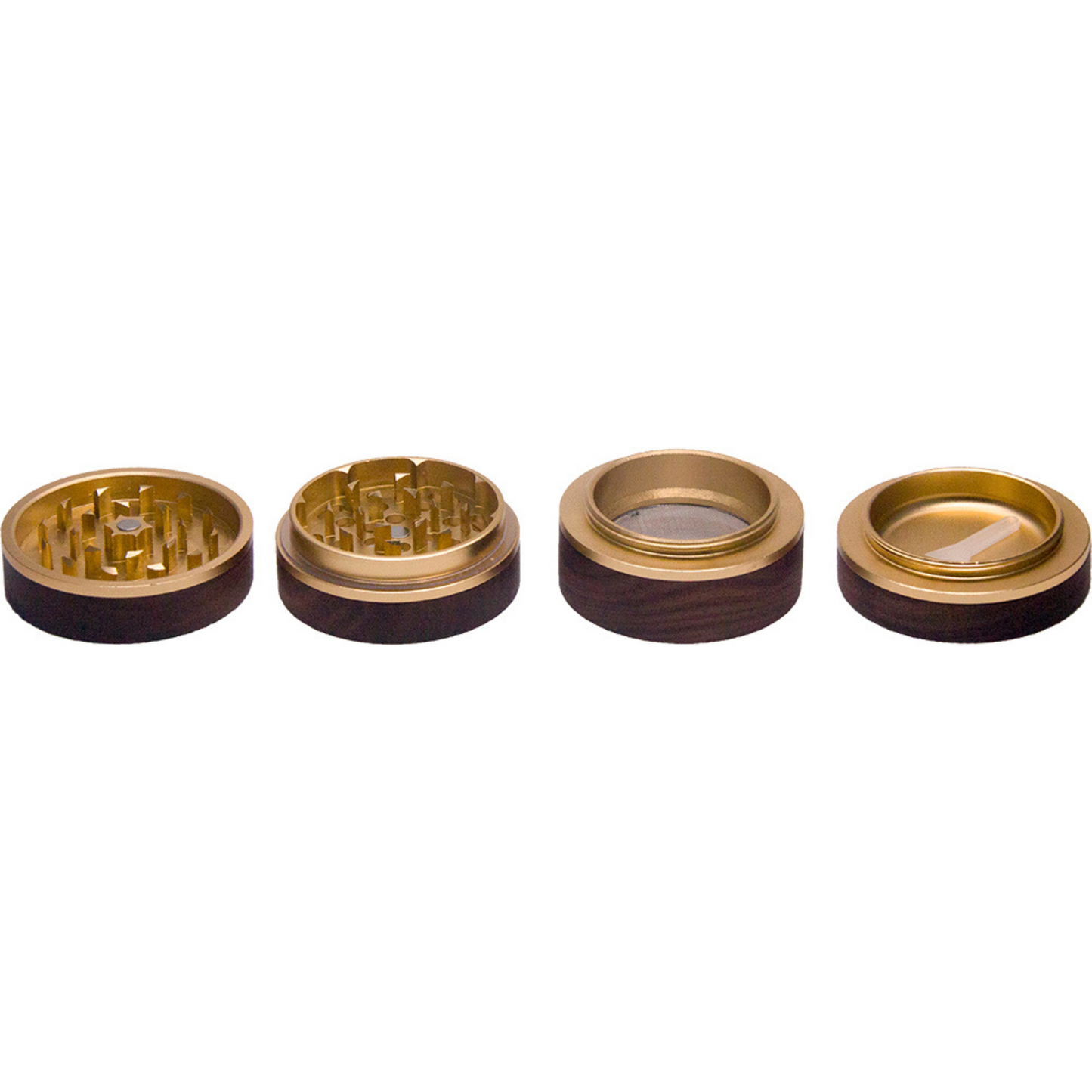 Four metallic Viking Axe grinder parts. Metallic gold interior and wood exterior. 