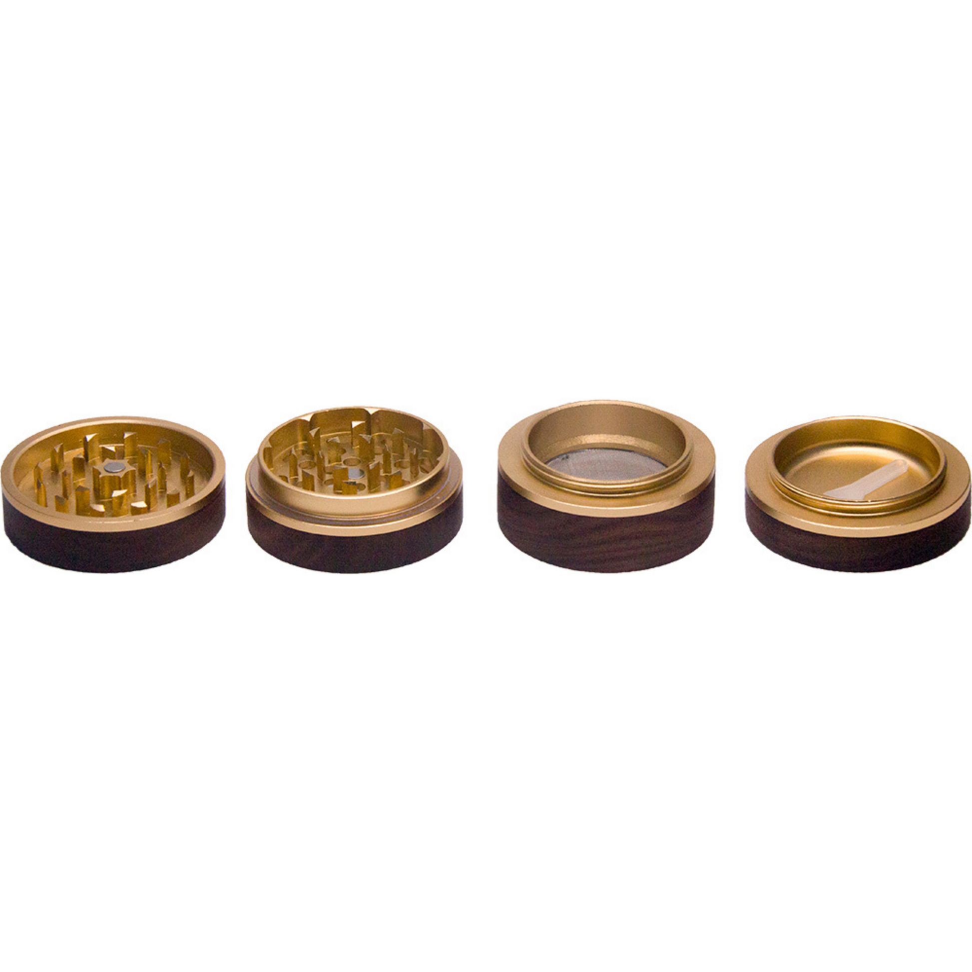 Four metallic Viking Axe grinder parts. Metallic gold interior and wood exterior. 