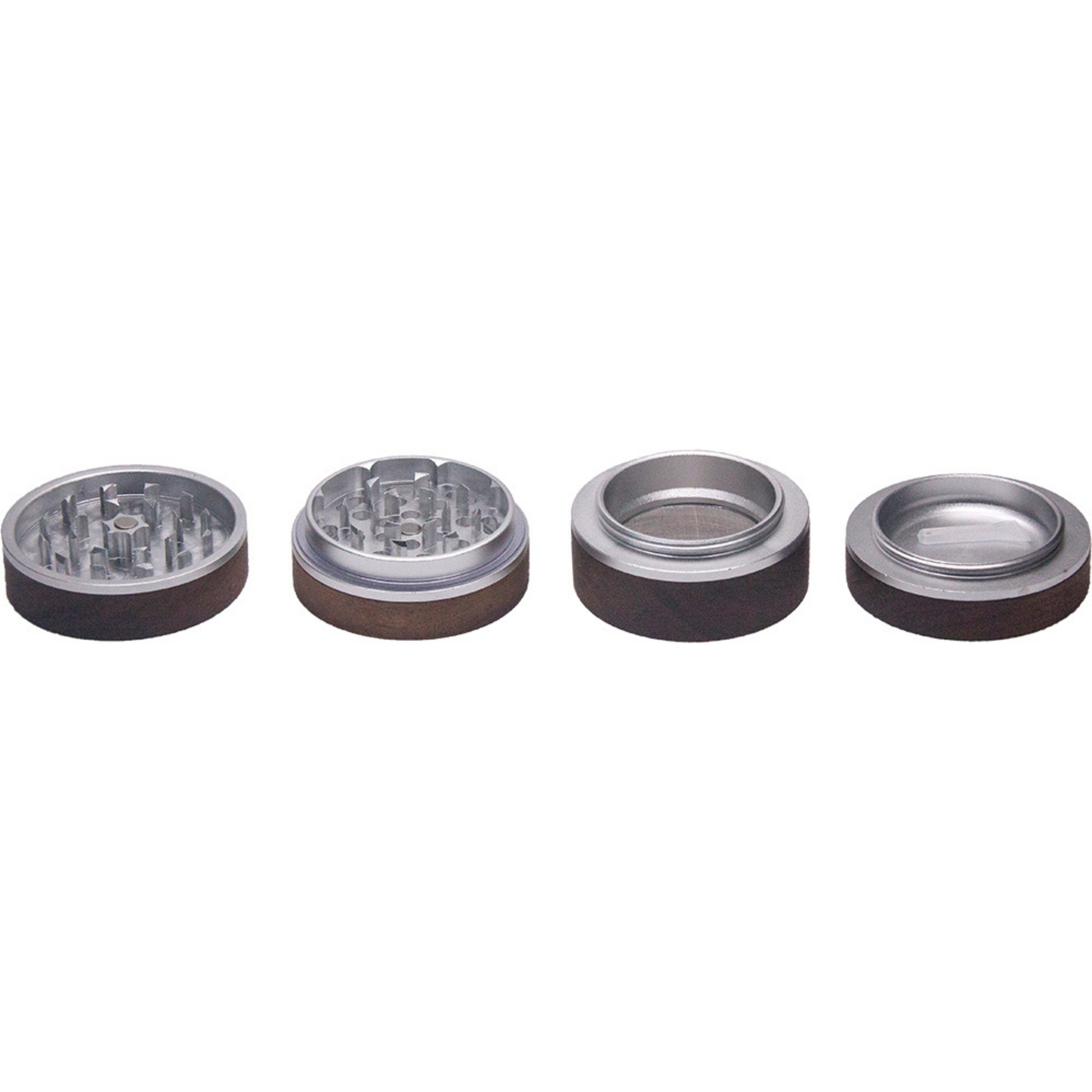 Four grinder parts - metallic silver interior, wood crafted exterior