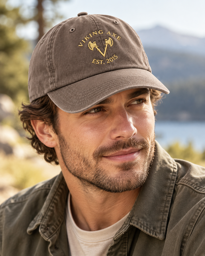 Embroidered Driftwood Relaxed Dad Hat - Viking Axe OG Cap with Logo